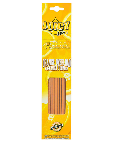 Front view of the Juicy Jay's Thai Incense Sticks 12-pack display in Orange Overloaded flavor. This folding retail carton contains twelve sleeves of highly concentrated, slow-burning incense designed to effectively manage ambient odors.