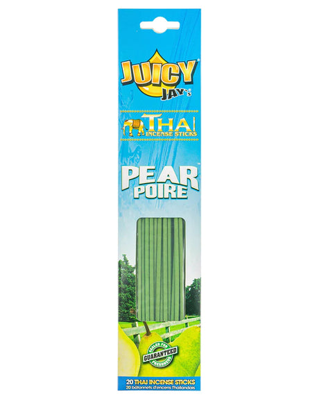Front view of the Juicy Jay's Thai Incense Sticks 12-pack display in Pear flavor. This folding retail carton contains twelve sleeves of highly concentrated, slow-burning incense designed to effectively manage ambient odors.