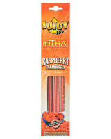 Front view of the Juicy Jay's Thai Incense Sticks 12-pack display in Raspberry flavor. This folding retail carton contains twelve sleeves of highly concentrated, slow-burning incense designed to effectively manage ambient odors.