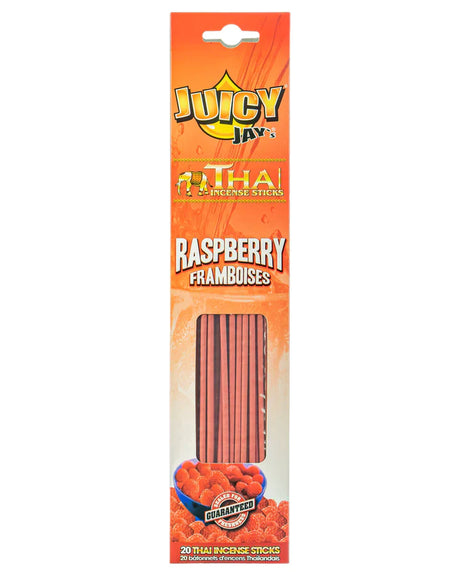 Front view of the Juicy Jay's Thai Incense Sticks 12-pack display in Raspberry flavor. This folding retail carton contains twelve sleeves of highly concentrated, slow-burning incense designed to effectively manage ambient odors.