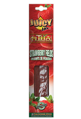 Front view of the Juicy Jay's Thai Incense Sticks 12-pack display in Strawberry Fields flavor. This folding retail carton contains twelve sleeves of highly concentrated, slow-burning incense designed to effectively manage ambient odors.