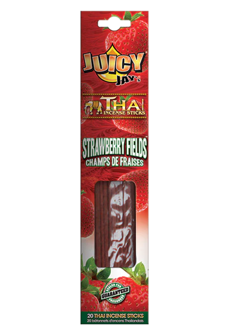 Front view of the Juicy Jay's Thai Incense Sticks 12-pack display in Strawberry Fields flavor. This folding retail carton contains twelve sleeves of highly concentrated, slow-burning incense designed to effectively manage ambient odors.