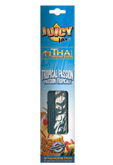 Front view of the Juicy Jay's Thai Incense Sticks 12-pack display in Tropical Passion flavor. This folding retail carton contains twelve sleeves of highly concentrated, slow-burning incense designed to effectively manage ambient odors.