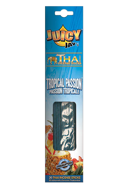 Front view of the Juicy Jay's Thai Incense Sticks 12-pack display in Tropical Passion flavor. This folding retail carton contains twelve sleeves of highly concentrated, slow-burning incense designed to effectively manage ambient odors.