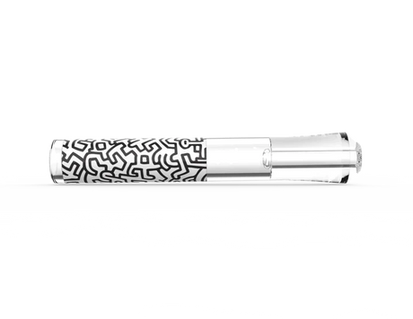 Front view of the K.Haring glass taster pipe in a black and white colorway. This premium borosilicate glass one-hitter features officially licensed Keith Haring artwork for a highly stylish, travel-ready dry herb session.