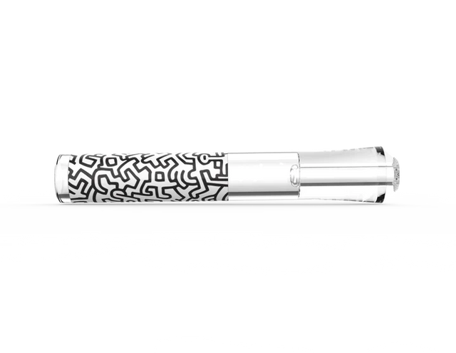 Front view of the K.Haring glass taster pipe in a black and white colorway. This premium borosilicate glass one-hitter features officially licensed Keith Haring artwork for a highly stylish, travel-ready dry herb session.
