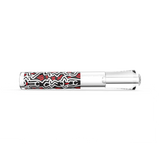 Angled overhead view of the K.Haring black and white glass taster focusing on the deep packing bowl and built-in ash catcher pinch. This ergonomic glass construction provides incredibly smooth, flavorful draws while actively keeping unwanted debris out of the mouthpiece.