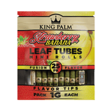 Front flat lay view of a single King Palm Cones Mini 25-pack pouch in bright red and yellow. The resealable moisture-controlled pack keeps the natural leaf cones fresh and includes a sturdy wooden bamboo packing stick.