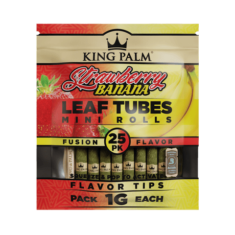 Front flat lay view of a single King Palm Cones Mini 25-pack pouch in bright red and yellow. The resealable moisture-controlled pack keeps the natural leaf cones fresh and includes a sturdy wooden bamboo packing stick.