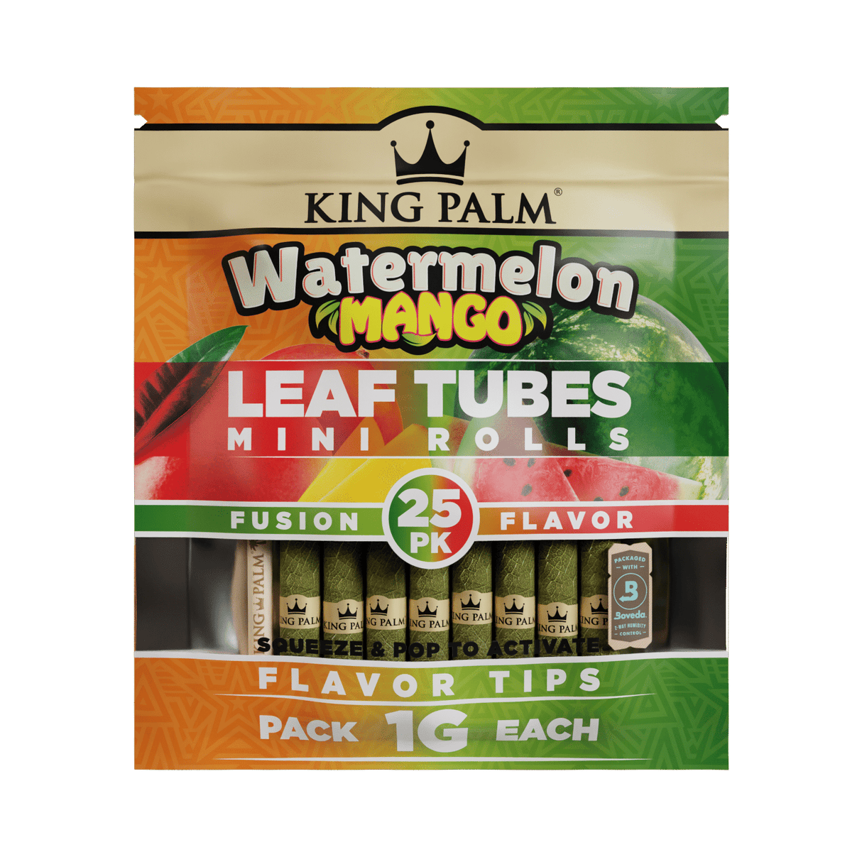 Front flat lay view of a single King Palm Cones Mini 25-pack pouch in bright orange and green. The resealable moisture-controlled pack keeps the natural leaf cones fresh and includes a sturdy wooden bamboo packing stick.