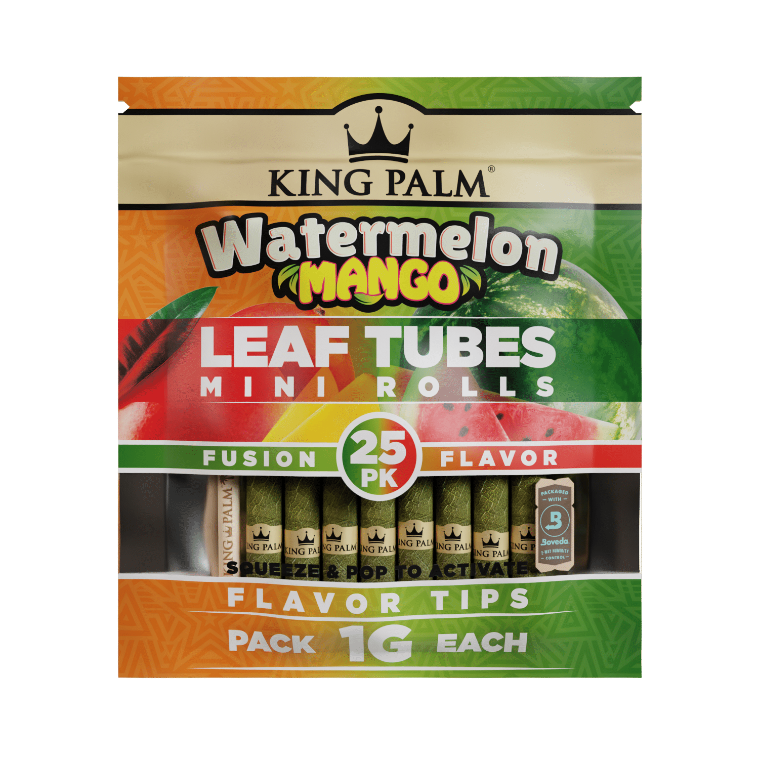 Front flat lay view of a single King Palm Cones Mini 25-pack pouch in bright orange and green. The resealable moisture-controlled pack keeps the natural leaf cones fresh and includes a sturdy wooden bamboo packing stick.