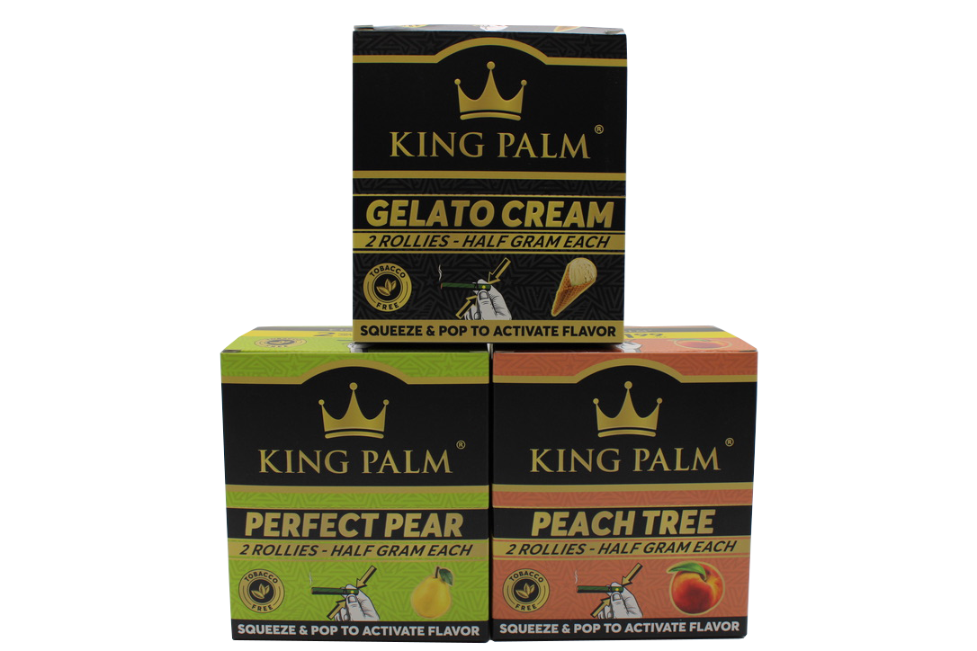 front view of the King Palm Flavored Rollies in an assortment of vibrant 20-count display boxes. Holding 0.5 grams of dry herb each, these tobacco-free natural leaf cones feature a squeeze-and-pop flavor bead in the filter for a customized smoke.