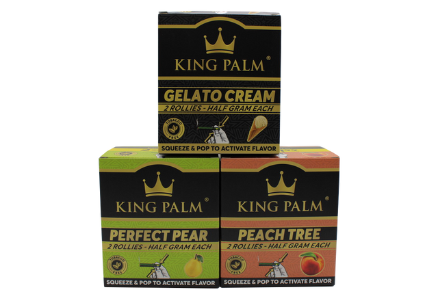 front view of the King Palm Flavored Rollies in an assortment of vibrant 20-count display boxes. Holding 0.5 grams of dry herb each, these tobacco-free natural leaf cones feature a squeeze-and-pop flavor bead in the filter for a customized smoke.