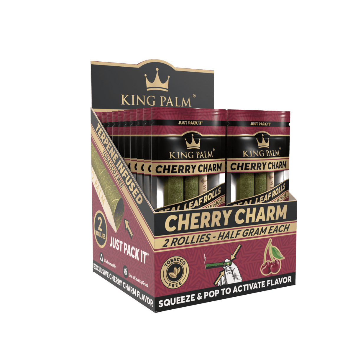 Front view of the King Palm Flavored Rollies 20-count display box in bright pink packaging. Holding 0.5 grams of dry herb each, these tobacco-free natural leaf cones feature a squeeze-and-pop flavor bead in the filter for a customized smoke.