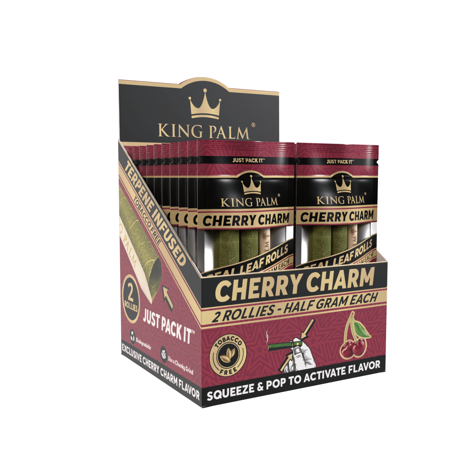 Front view of the King Palm Flavored Rollies 20-count display box in bright pink packaging. Holding 0.5 grams of dry herb each, these tobacco-free natural leaf cones feature a squeeze-and-pop flavor bead in the filter for a customized smoke.