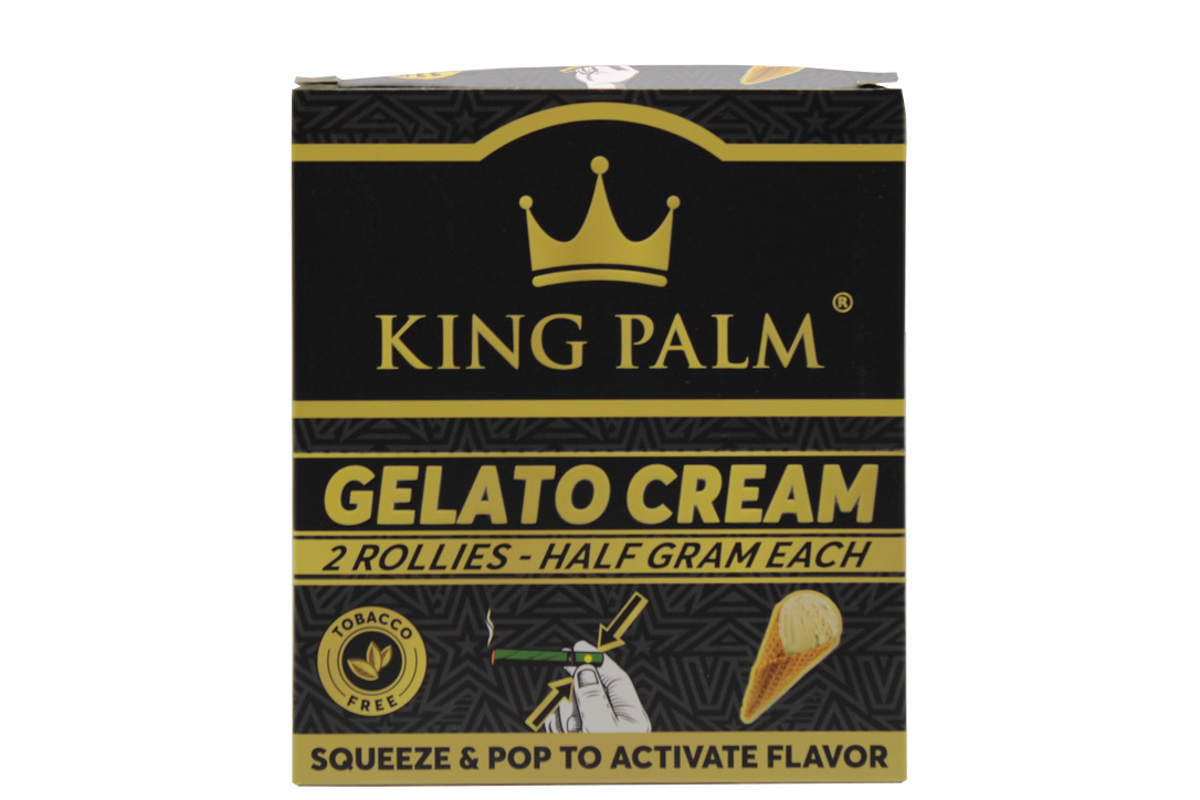 Front view of the King Palm Flavored Rollies 20-count display box in bright pink packaging. Holding 0.5 grams of dry herb each, these tobacco-free natural leaf cones feature a squeeze-and-pop flavor bead in the filter for a customized smoke.