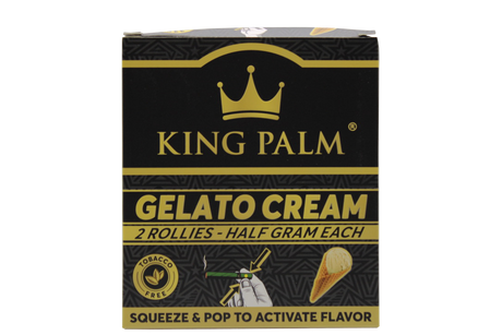 Front view of the King Palm Flavored Rollies 20-count display box in bright pink packaging. Holding 0.5 grams of dry herb each, these tobacco-free natural leaf cones feature a squeeze-and-pop flavor bead in the filter for a customized smoke.