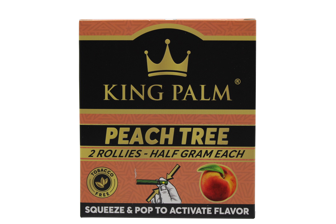 Front view of the King Palm Flavored Rollies 20-count display box in bright pink packaging. Holding 0.5 grams of dry herb each, these tobacco-free natural leaf cones feature a squeeze-and-pop flavor bead in the filter for a customized smoke.