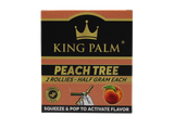 Front view of the King Palm Flavored Rollies 20-count display box in bright pink packaging. Holding 0.5 grams of dry herb each, these tobacco-free natural leaf cones feature a squeeze-and-pop flavor bead in the filter for a customized smoke.