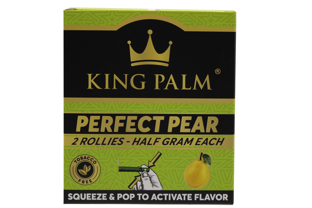 Front view of the King Palm Flavored Rollies 20-count display box in bright pink packaging. Holding 0.5 grams of dry herb each, these tobacco-free natural leaf cones feature a squeeze-and-pop flavor bead in the filter for a customized smoke.