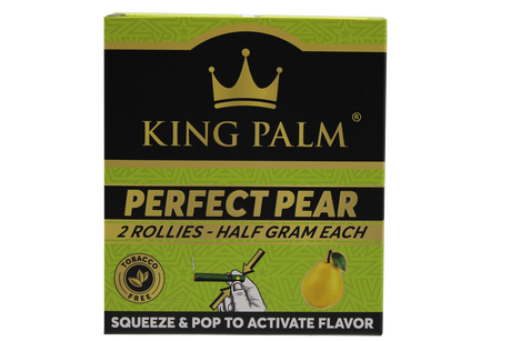 Front view of the King Palm Flavored Rollies 20-count display box in bright pink packaging. Holding 0.5 grams of dry herb each, these tobacco-free natural leaf cones feature a squeeze-and-pop flavor bead in the filter for a customized smoke.