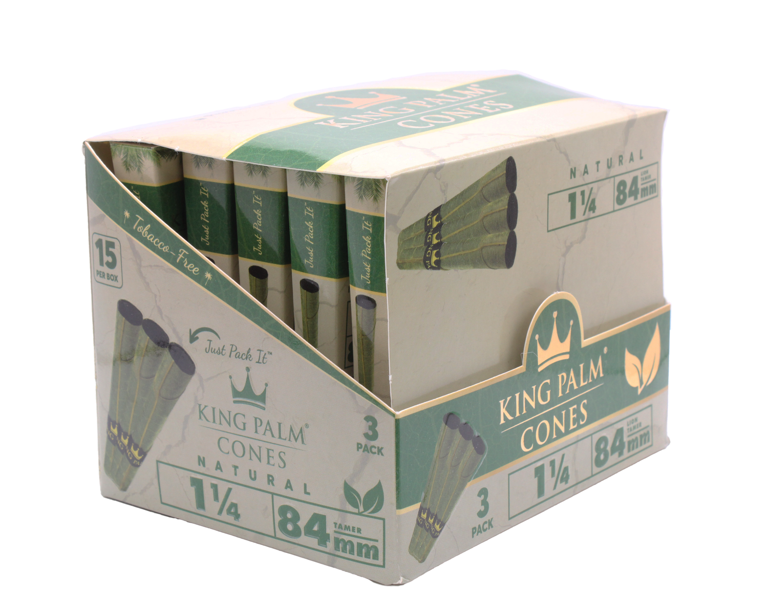 Angled overhead view of the open King Palm mini display box. The black and green wholesale carton houses fifteen individual foil pouches precisely formatted for rapid retail turnover.