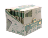 Angled overhead view of the open King Palm mini display box. The black and green wholesale carton houses fifteen individual foil pouches precisely formatted for rapid retail turnover.