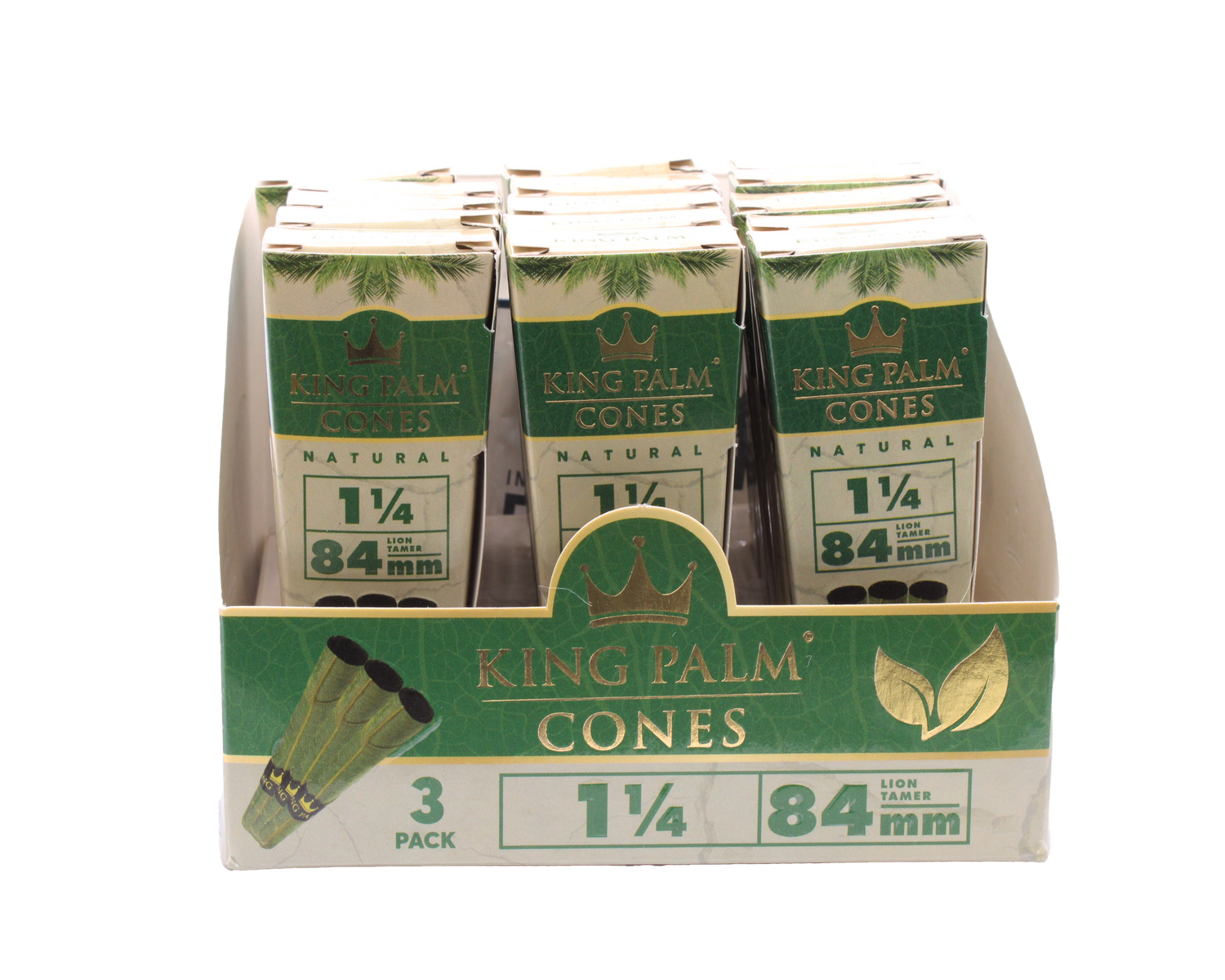Front view of the King Palm mini pre-rolled cones 15-count display box. Featuring black and green packaging, these funnels are expertly crafted from native Cordia leaves.