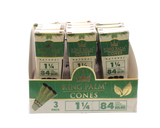 Front view of the King Palm mini pre-rolled cones 15-count display box. Featuring black and green packaging, these funnels are expertly crafted from native Cordia leaves.