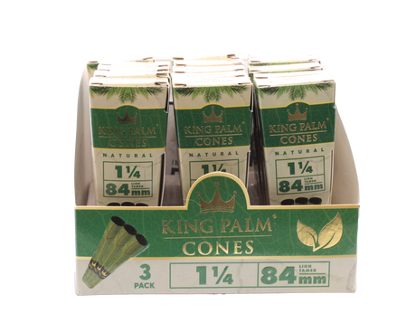 Front view of the King Palm mini pre-rolled cones 15-count display box. Featuring black and green packaging, these funnels are expertly crafted from native Cordia leaves.