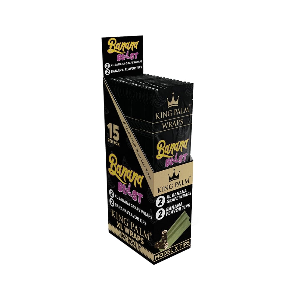 Front angled view of the King Palm XL Wraps 15-count display box in black and gold packaging. Made from natural Cordia leaves, this retail-ready box holds pre-rolled XL wraps designed for massive, tobacco-free smoking sessions.