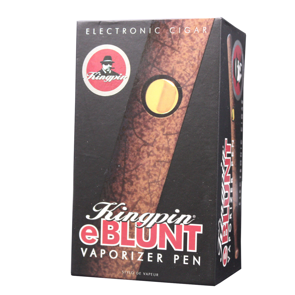 Angled front view of the Kingpin e-Blunt vaporizer box. This highly discreet, dual-use vape pen is engineered to seamlessly vaporize both dry herbs and waxy concentrates for smooth, flavorful hits on the go.