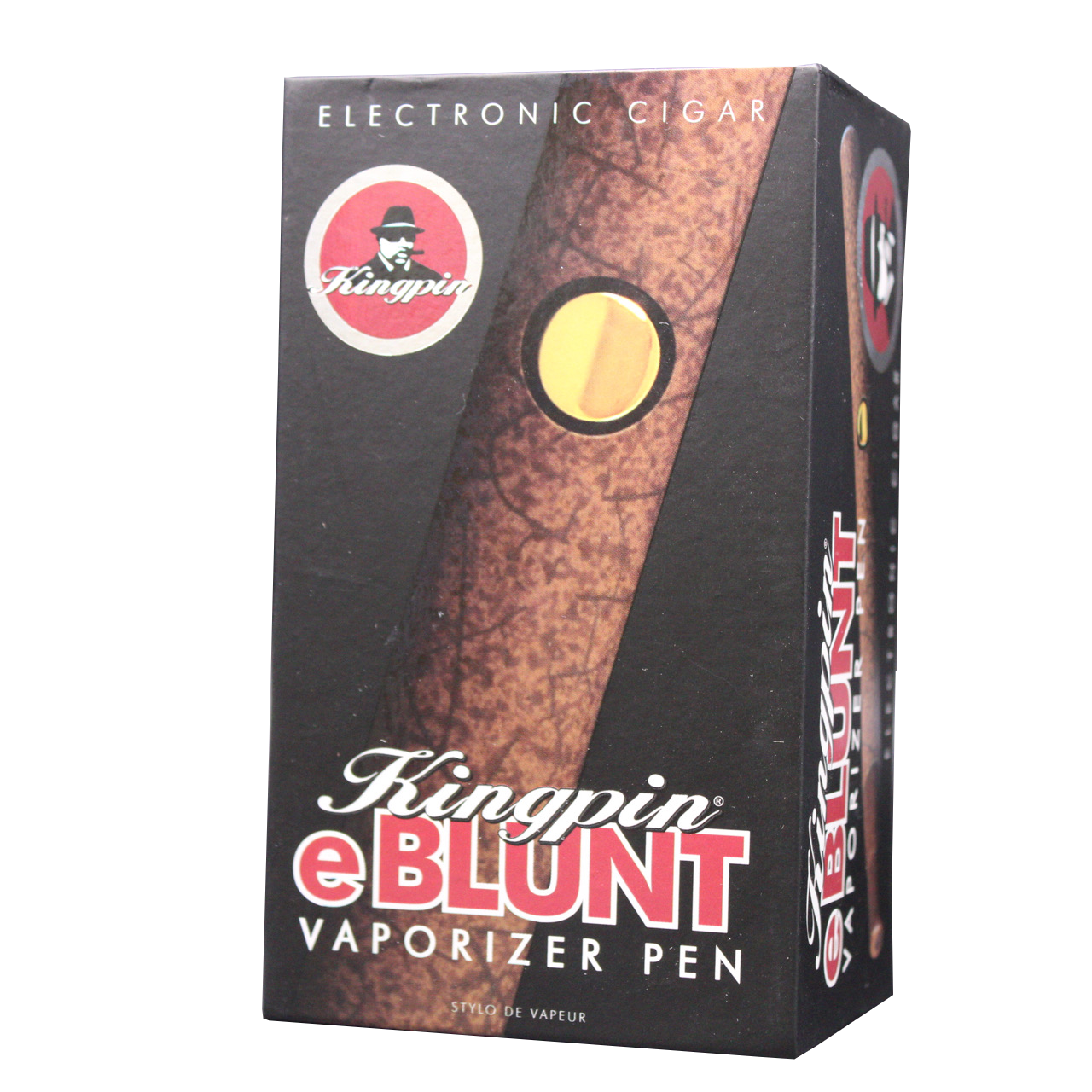 Angled front view of the Kingpin e-Blunt vaporizer box. This highly discreet, dual-use vape pen is engineered to seamlessly vaporize both dry herbs and waxy concentrates for smooth, flavorful hits on the go.