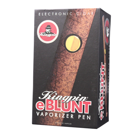 Angled front view of the Kingpin e-Blunt vaporizer box. This highly discreet, dual-use vape pen is engineered to seamlessly vaporize both dry herbs and waxy concentrates for smooth, flavorful hits on the go.