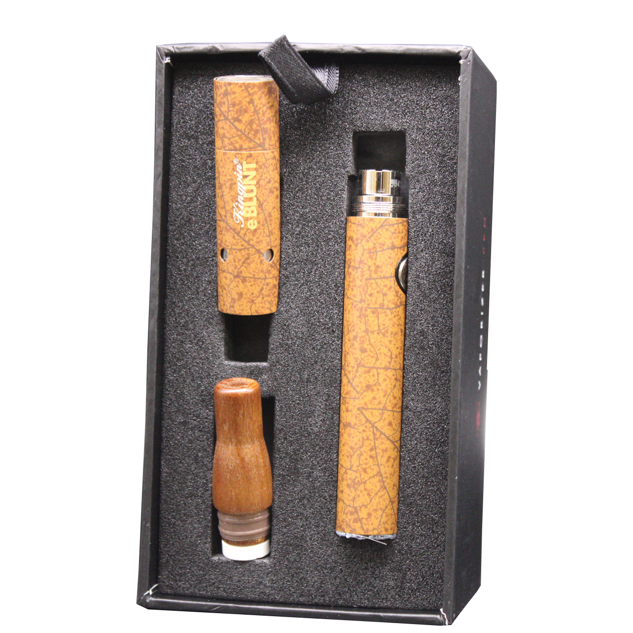 Angled front view of the Kingpin e-Blunt vaporizer open box. This highly discreet, dual-use vape pen is engineered to seamlessly vaporize both dry herbs and waxy concentrates for smooth, flavorful hits on the go.