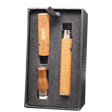 Angled front view of the Kingpin e-Blunt vaporizer open box. This highly discreet, dual-use vape pen is engineered to seamlessly vaporize both dry herbs and waxy concentrates for smooth, flavorful hits on the go.