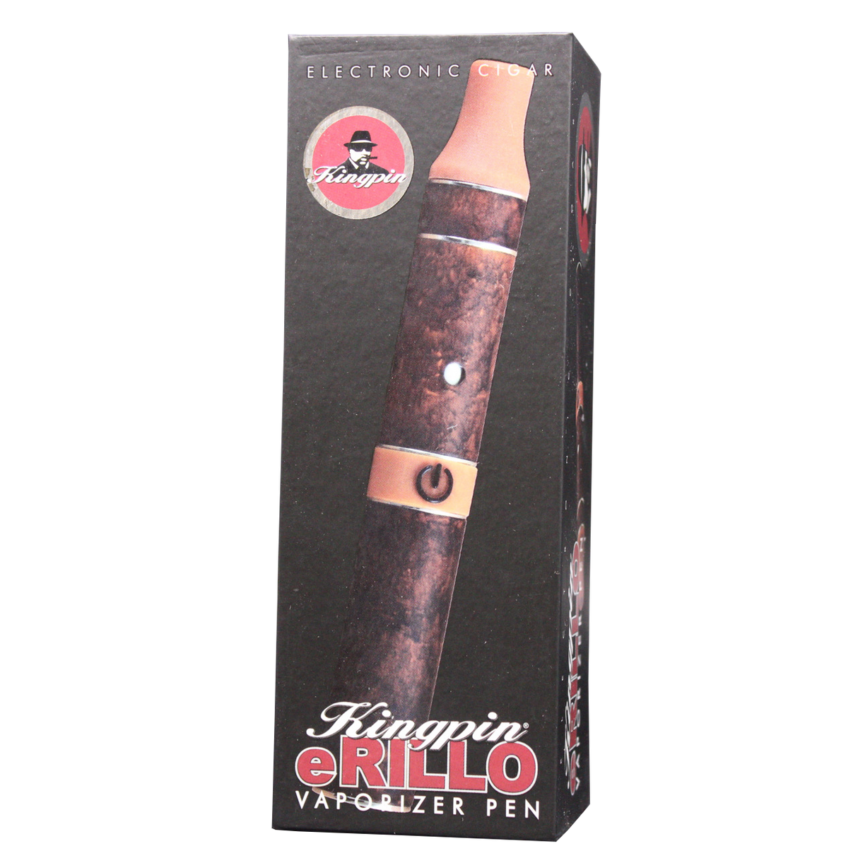 Angled front view of the Kingpin e-Rillo electronic cigarillo vaporizer in a classic tobacco brown wrap finish. Designed to mimic the look and feel of a traditional cigarillo, this stealthy vape pen provides a smooth, flame-free vaporization experience for your favorite dry herbs.