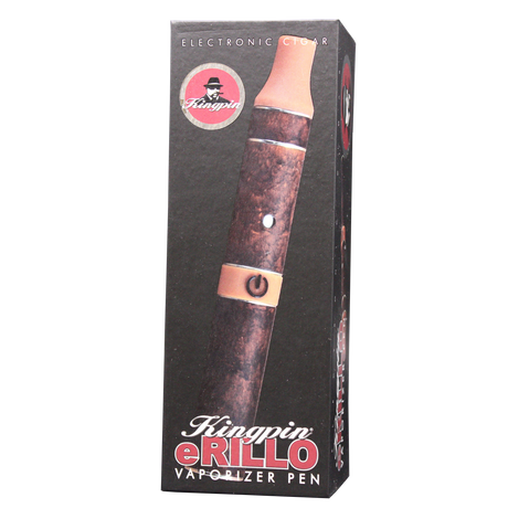 Angled front view of the Kingpin e-Rillo electronic cigarillo vaporizer in a classic tobacco brown wrap finish. Designed to mimic the look and feel of a traditional cigarillo, this stealthy vape pen provides a smooth, flame-free vaporization experience for your favorite dry herbs.