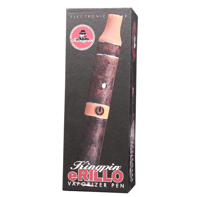 Angled front view of the Kingpin e-Rillo electronic cigarillo vaporizer in a classic tobacco brown wrap finish. Designed to mimic the look and feel of a traditional cigarillo, this stealthy vape pen provides a smooth, flame-free vaporization experience for your favorite dry herbs.