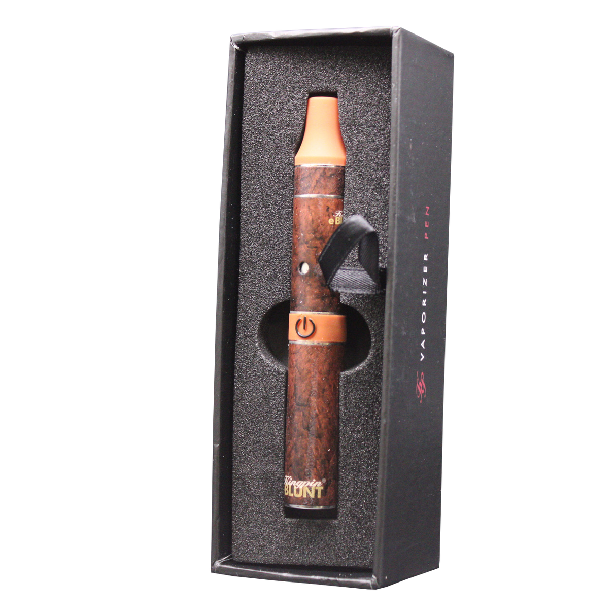 Top down overhead view of the complete Kingpin e-Rillo electronic cigarillo kit in brown and gold accents. This wholesale setup includes the pen battery, specialized atomizer chamber, cleaning brush, and a custom wireless USB charger for convenient power ups.