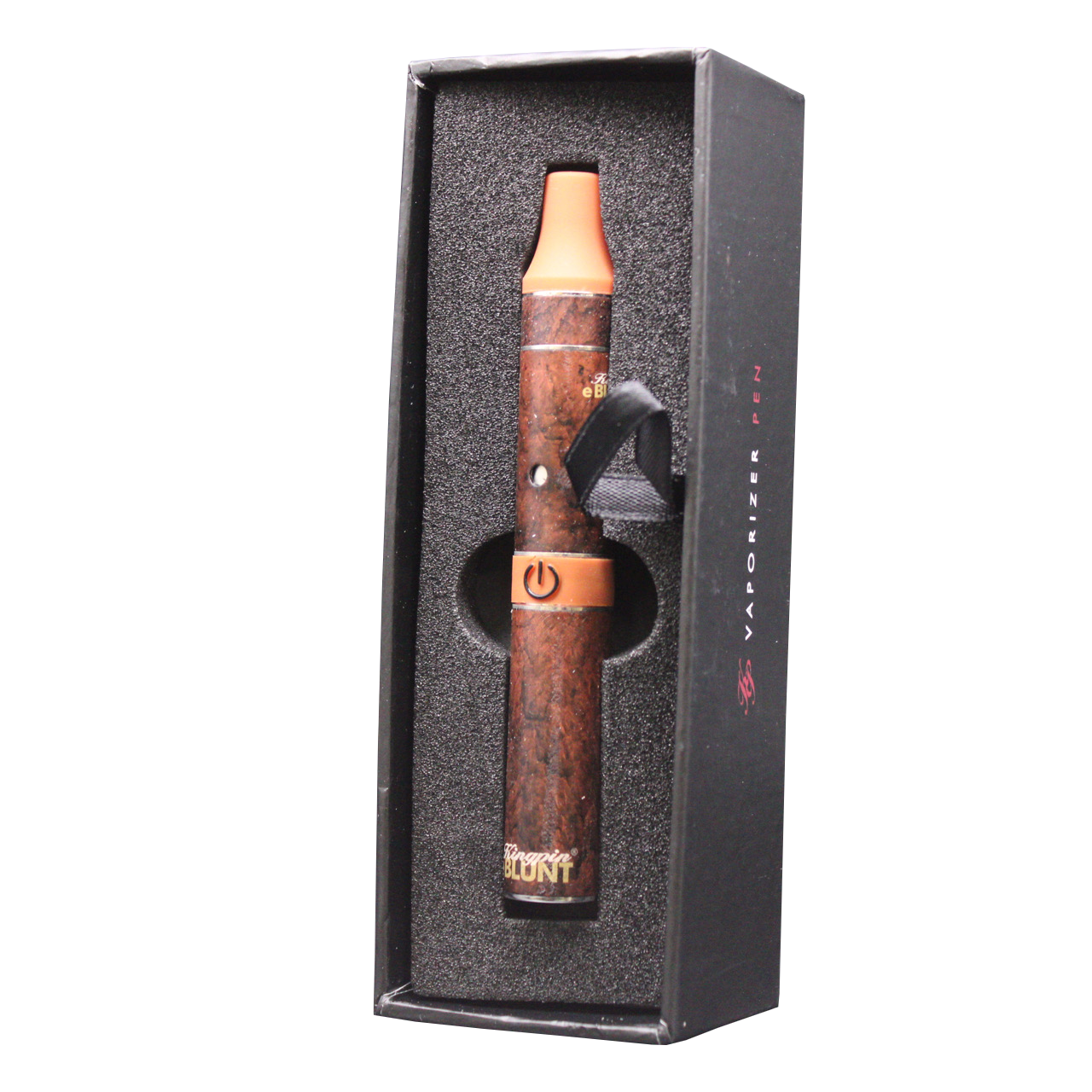 Top down overhead view of the complete Kingpin e-Rillo electronic cigarillo kit in brown and gold accents. This wholesale setup includes the pen battery, specialized atomizer chamber, cleaning brush, and a custom wireless USB charger for convenient power ups.
