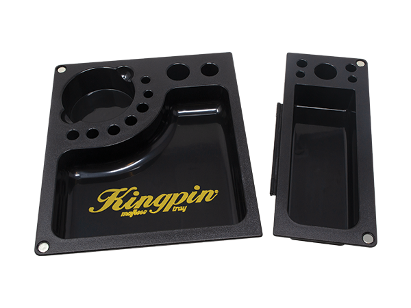 Angled overhead view of the Kingpin x RAW Mafioso tray disassembled into its 3 distinct detachable components. This modular polymer design easily comes apart so you can share your rolling station, letting a friend grind while you prep and roll.