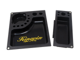 Angled overhead view of the Kingpin x RAW Mafioso tray disassembled into its 3 distinct detachable components. This modular polymer design easily comes apart so you can share your rolling station, letting a friend grind while you prep and roll.