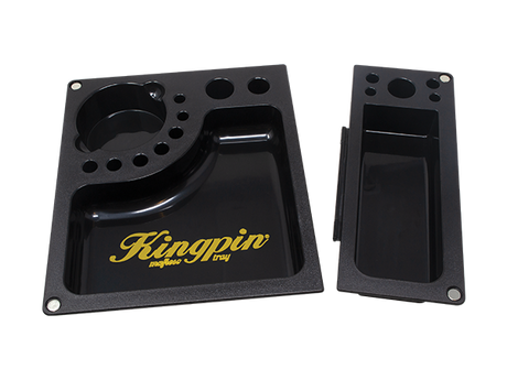 Angled overhead view of the Kingpin x RAW Mafioso tray disassembled into its 3 distinct detachable components. This modular polymer design easily comes apart so you can share your rolling station, letting a friend grind while you prep and roll.