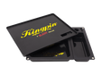 Angled overhead view of the Kingpin x RAW Mafioso tray showing the magnetic top cover partially lifted. Designed as a clever pass-through screen, this upper layer lets you break down dry herbs on top and effortlessly push them into the storage basins below.
