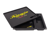 Angled overhead view of the Kingpin x RAW Mafioso tray showing the magnetic top cover partially lifted. Designed as a clever pass-through screen, this upper layer lets you break down dry herbs on top and effortlessly push them into the storage basins below.