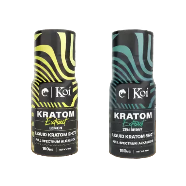 Front view of the Koi Liquid Kratom 10ml shot bottle featuring signature Koi branding. This premium botanical extract delivers a highly concentrated 150mg serving of Mitragynine for fast-acting, on-the-go support.
