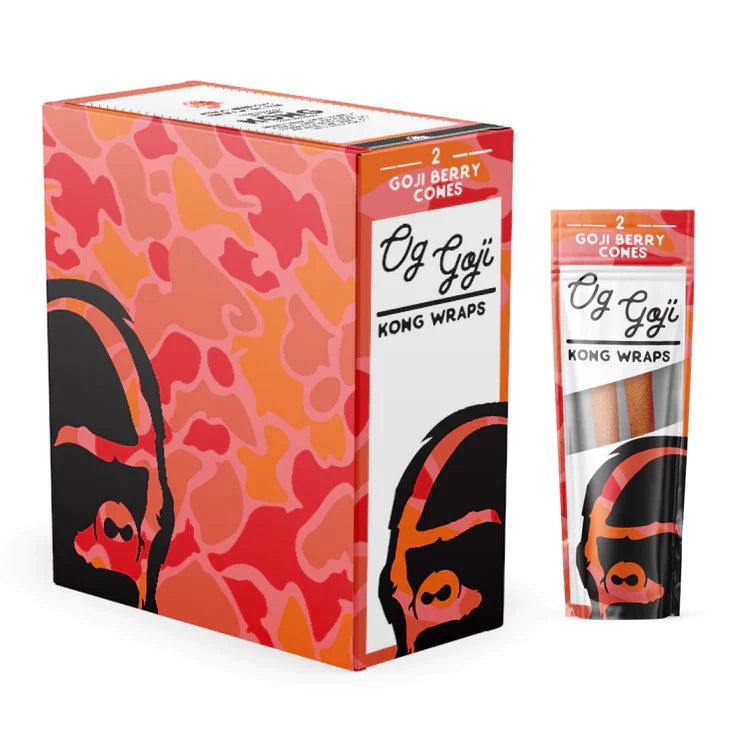 Angled overhead view of the Kong Wraps OG Goji 25-count display box in vibrant red and black packaging. Made from natural goji berries, these tobacco-free wraps offer a slow, smooth, and naturally sweet smoking experience without the harshness of traditional blunts.
