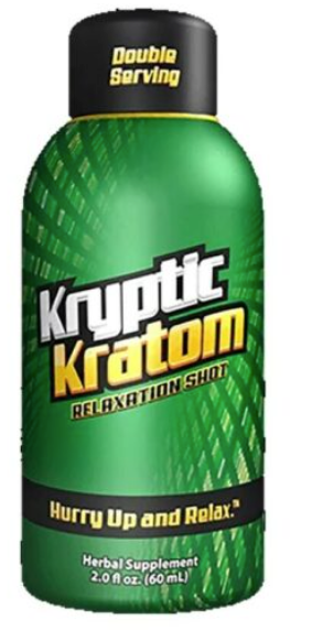 Front view of the Kryptic Kratom Relaxation Shot in a small black and purple bottle. This premium liquid botanical extract is formulated to provide a fast-acting, calming experience to help users unwind.