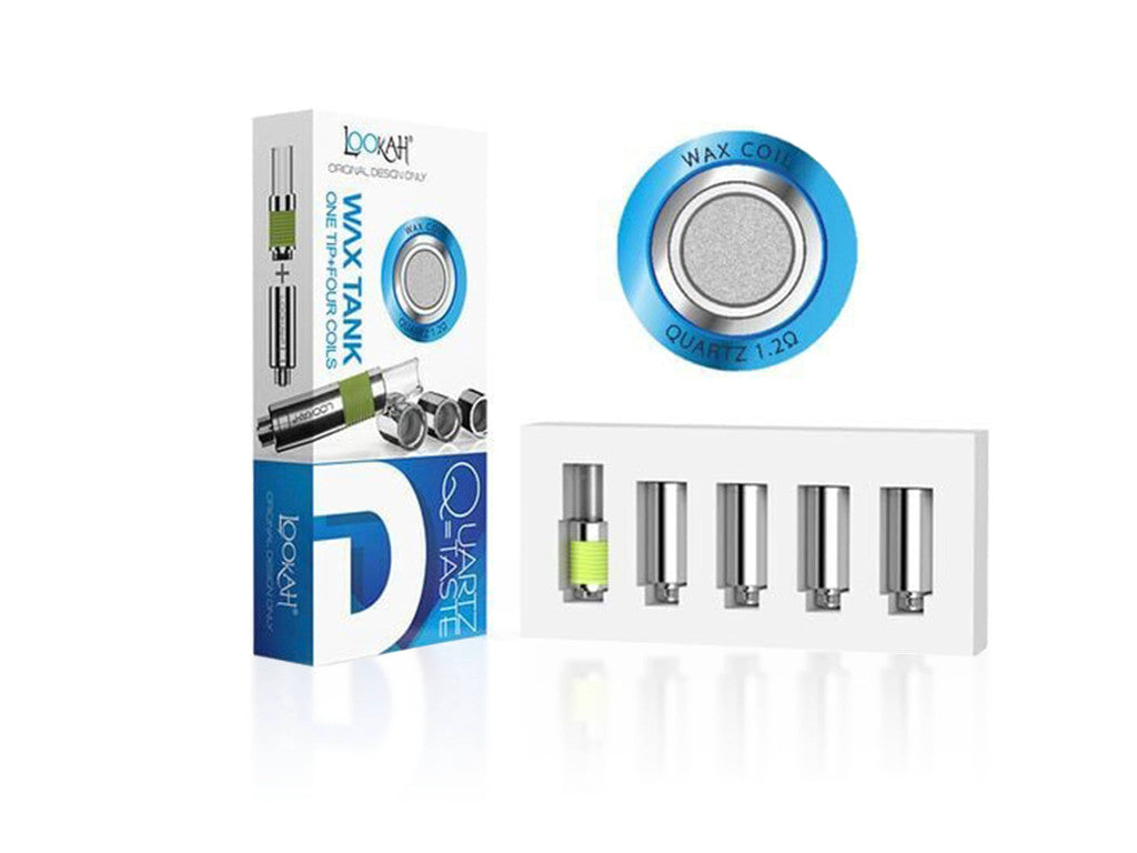 Front facing view of the Lookah 510 Quartz Wax Tank Coils 4-Pack packaging in blue and white. This retail blister pack contains four premium replacement quartz coils designed to deliver pure, flavorful concentrate vaporization.